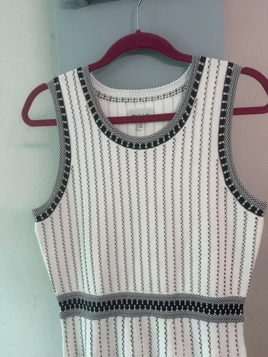 Milly white black striped vertical texture fit & flare dress sz L large mini - Picture 3 of 6